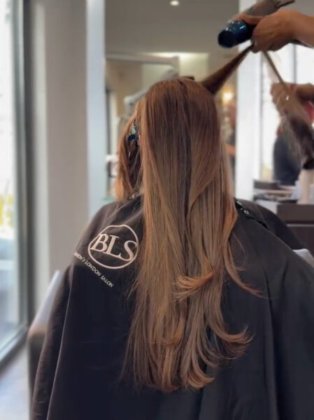 Balayage Color Correction blowout on long reddish hair