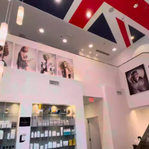 Interior Photo of Barrons London Salon in Buckhead Atlanta view of the products and British flag painted on the ceiling