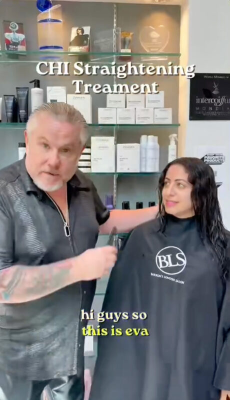 David Barron preparing to do a CHI Silk Infusion hair straightening treatment in the salon.