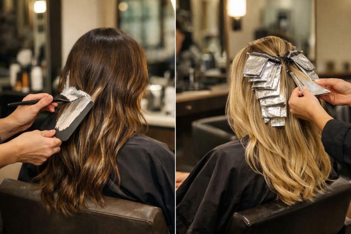Balayage vs foil highlights in action.