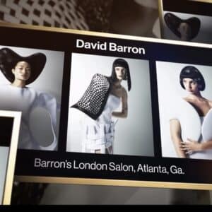 David Barron of Barron's London Salon in Atlanta, 2026 NAHA Master Hairstylist of the Year, shown in gold frames with three sculptural editorial hair images