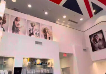 Interior Photo of Barrons London Salon in Buckhead Atlanta view of the products and British flag painted on the ceiling