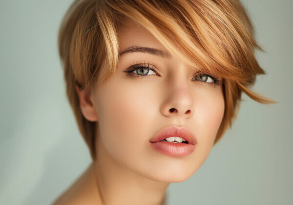 Beautiful woman with short hairstyle and Atlanta hair color and highlightings